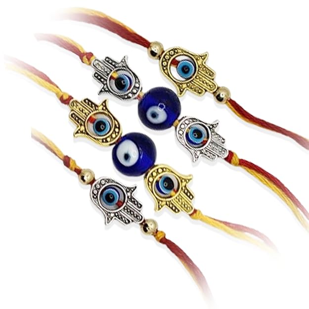 Set of four evil eye bracelets with hamsa hand charms on a white background