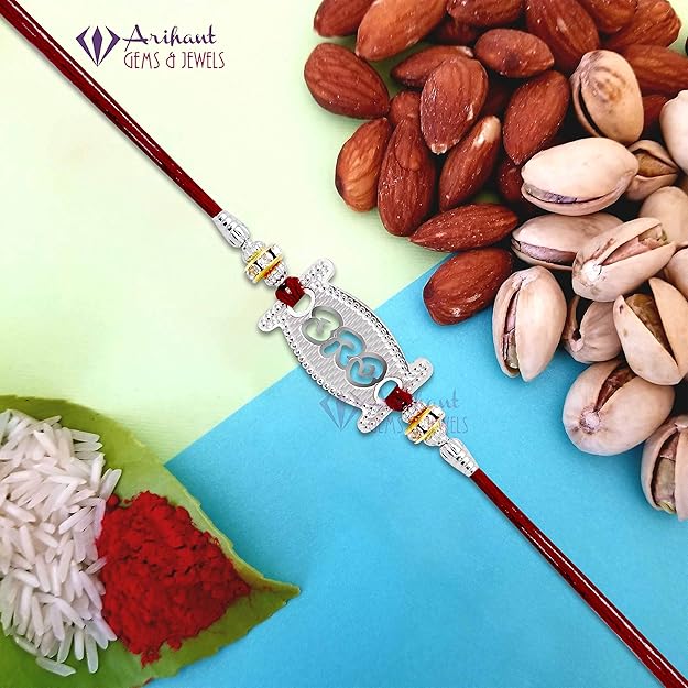 Arihant Gems & Jewels Unisex Silver 925 silver rakhi for brother/Bhai/Bhaiya/Bro Rudraksha Elegant Rakhi for Your Brother for Rakshabandhan