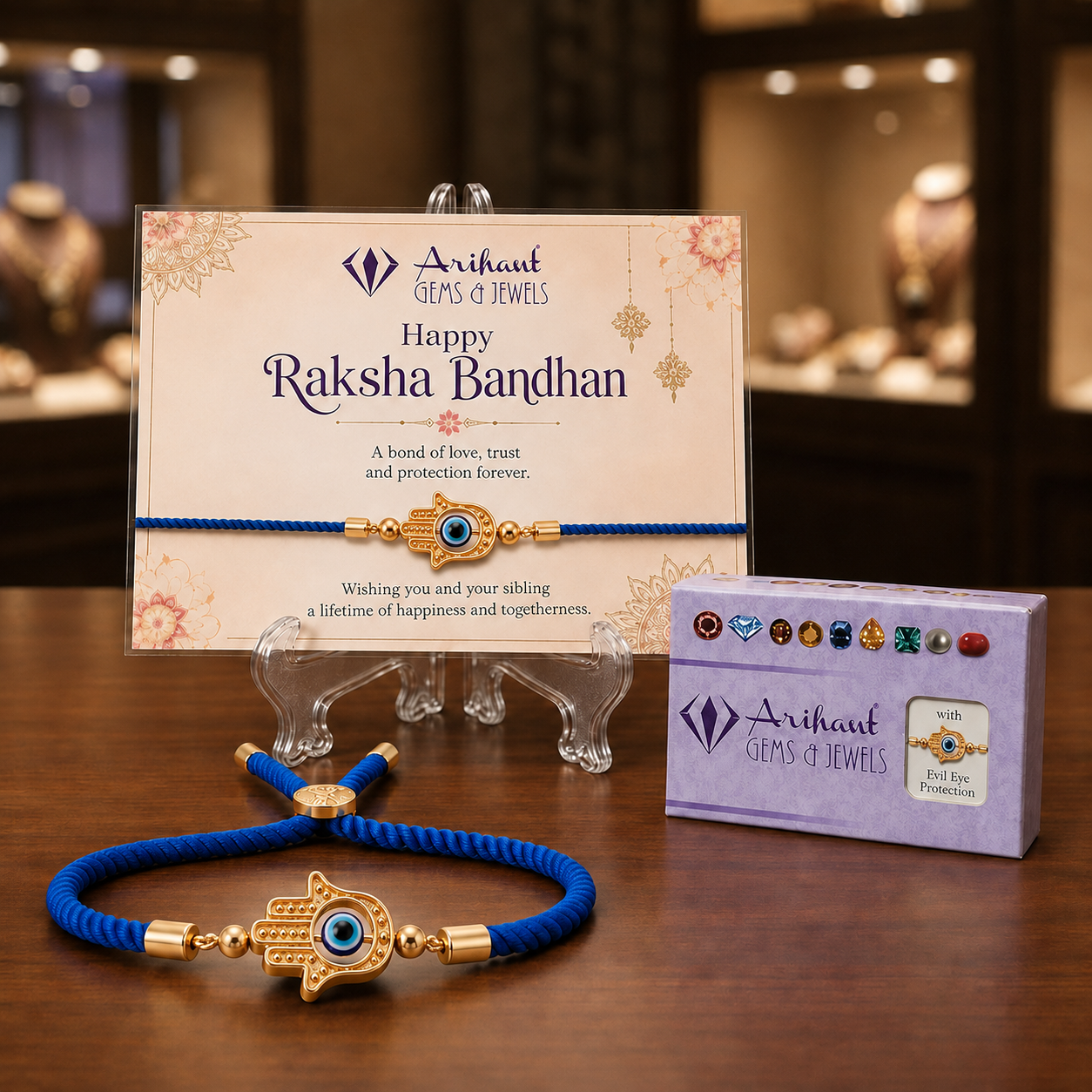 Blue Evil Eye Hamsa Hand Rakhi Bracelet for Brother | Adjustable Gold-Plated Rakhi | Handmade Raksha Bandhan Gift