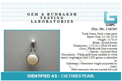 Fresh Water Pearl (Moti) 3.25 - 13.25 Ratti Certified Astrological Gemstone Silver(925) Prong Setting Pendant
