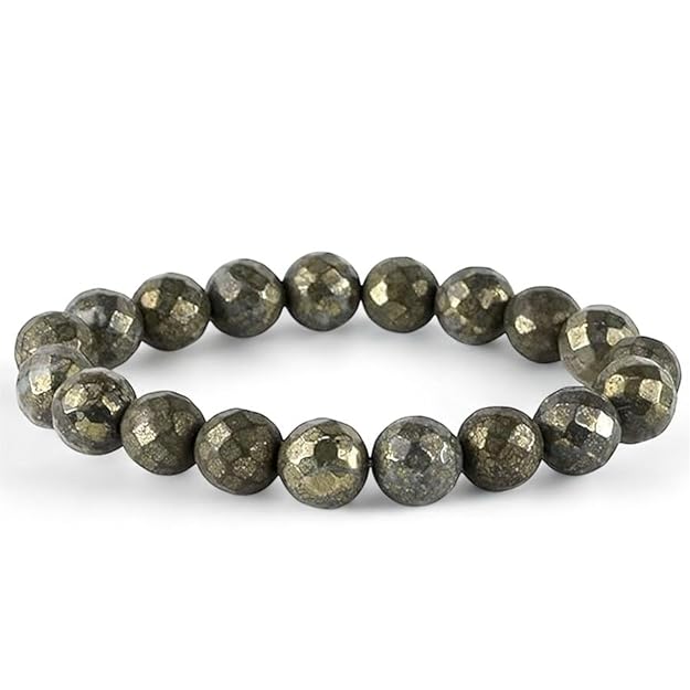 A round pyrite bracelet with a metallic sheen, featuring a stretchable band.