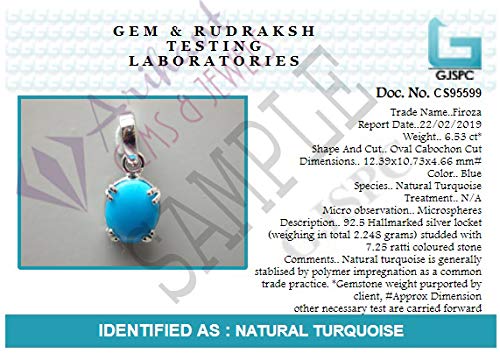 Arihant Gems and Jewels Natural Certified Turquoise (Firoza) Silver Pendant 3.25 Ratti to 12.25 Ratti for Men & Women