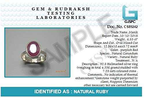 Silver Ruby Ring Natural and Certified Astrological Gemstone by ARIHANT GEMS & JEWELS