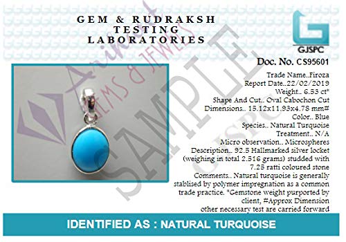 Arihant Gems and Jewels Natural Certified Turquoise (Firoza) Silver Pendant 3.25 Ratti to 12.25 Ratti for Men & Women
