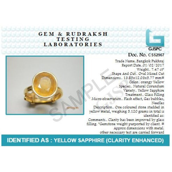 Bangkok Yellow Sapphire (Pukhraj) 4.25 - 12.25 Ratti Certified Astrological Gemstone Ashtdhatu Bezel Setting Ring