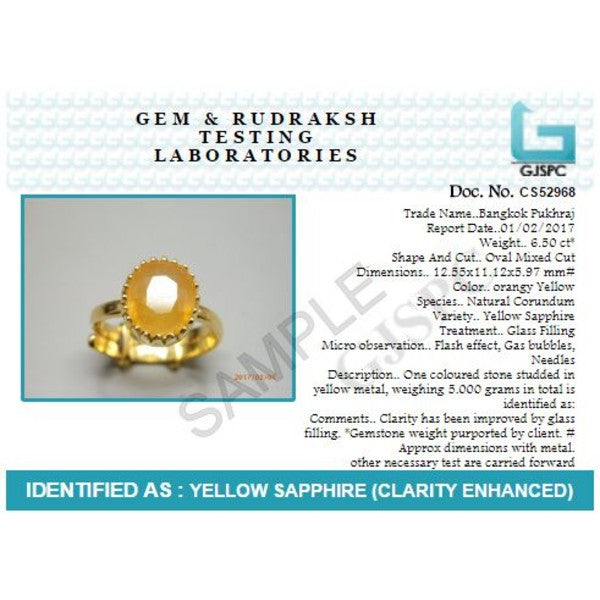 Bangkok Yellow Sapphire (Pukhraj) 4.25 - 12.25 Ratti Certified Astrological Gemstone Panchdhatu Crown Setting Ring