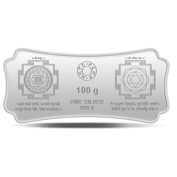 Arihant Gems & Jewels Arihant gems and Jewels MMTC-PAMP India Pvt. Ltd. Stylized Lakshmi Ganesha 999.9 purity 100 gm Silver Bar