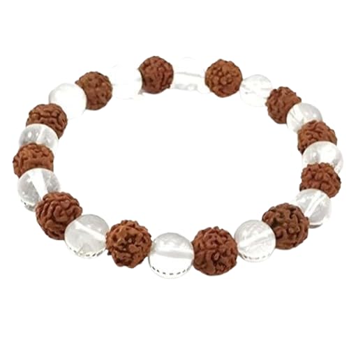 The Arihant Gems & Jewels Diamond-Cut Rudraksha & Sphatik Bracelet blends natural, certified Rudraksha and clear quartz beads on an elastic band—a stylish, unisex astrological accessory combining tradition and elegance.