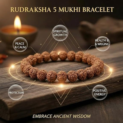 5 Mukhi Indonesia Rudraksha Bracelet – Natural & Certified | Astrological Benefits for Men & Women | Positive Energy Boost | Unisex Adult Bracelet (Brown)