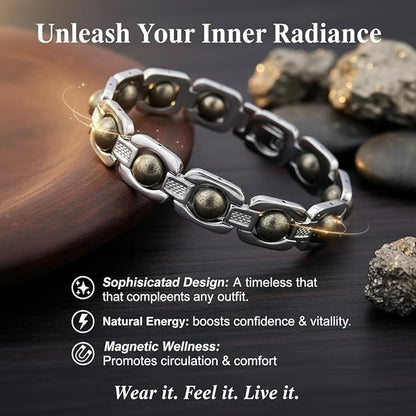 Natural Pyrite Bracelet for Men & Women | Original Pyrite Stone Beaded Bracelet | Money Magnet Wealth & Prosperity Crystal | Healing Crystal Bracelet for Good Luck, Success & Protection | Adjustable Unisex Jewelry Gift.