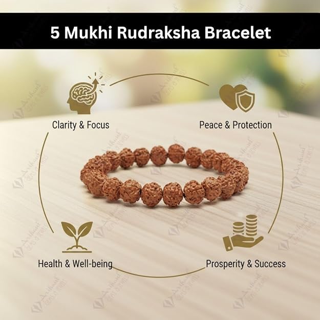 5 Mukhi Indonesia Rudraksha Bracelet – Natural & Certified | Astrological Benefits for Men & Women | Positive Energy Boost | Unisex Adult Bracelet (Brown)