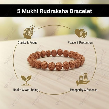 5 Mukhi Indonesia Rudraksha Bracelet – Natural & Certified | Astrological Benefits for Men & Women | Positive Energy Boost | Unisex Adult Bracelet (Brown)