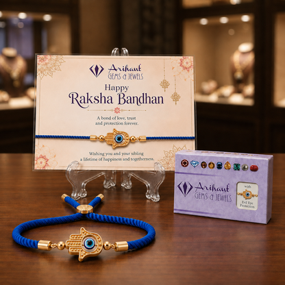 Blue Evil Eye Hamsa Hand Rakhi Bracelet for Brother | Adjustable Gold-Plated Rakhi | Handmade Raksha Bandhan Gift