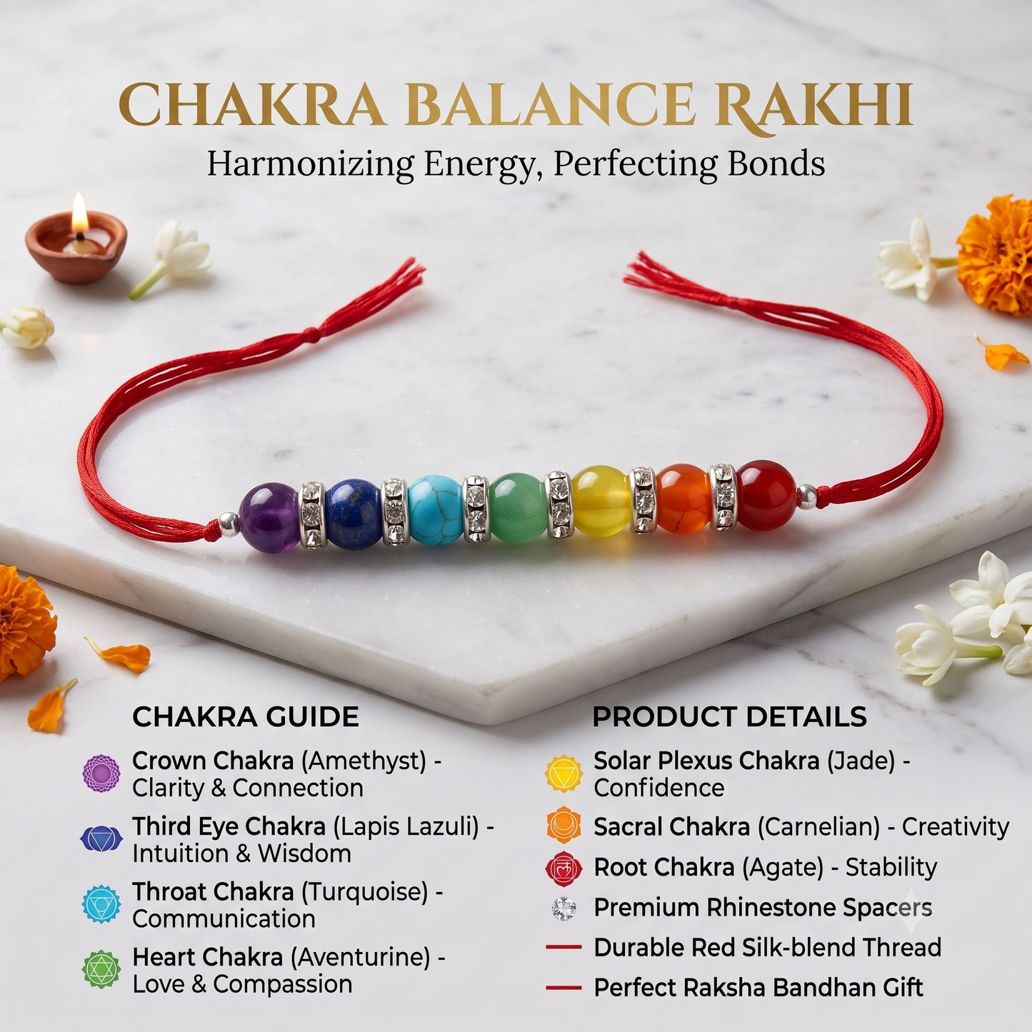 Arihant Gems & Jewels 7 Chakra Energetic Healing Stone Rakhi for Brother | Natural & Certified | Astrological Gemstone | Positive Effect