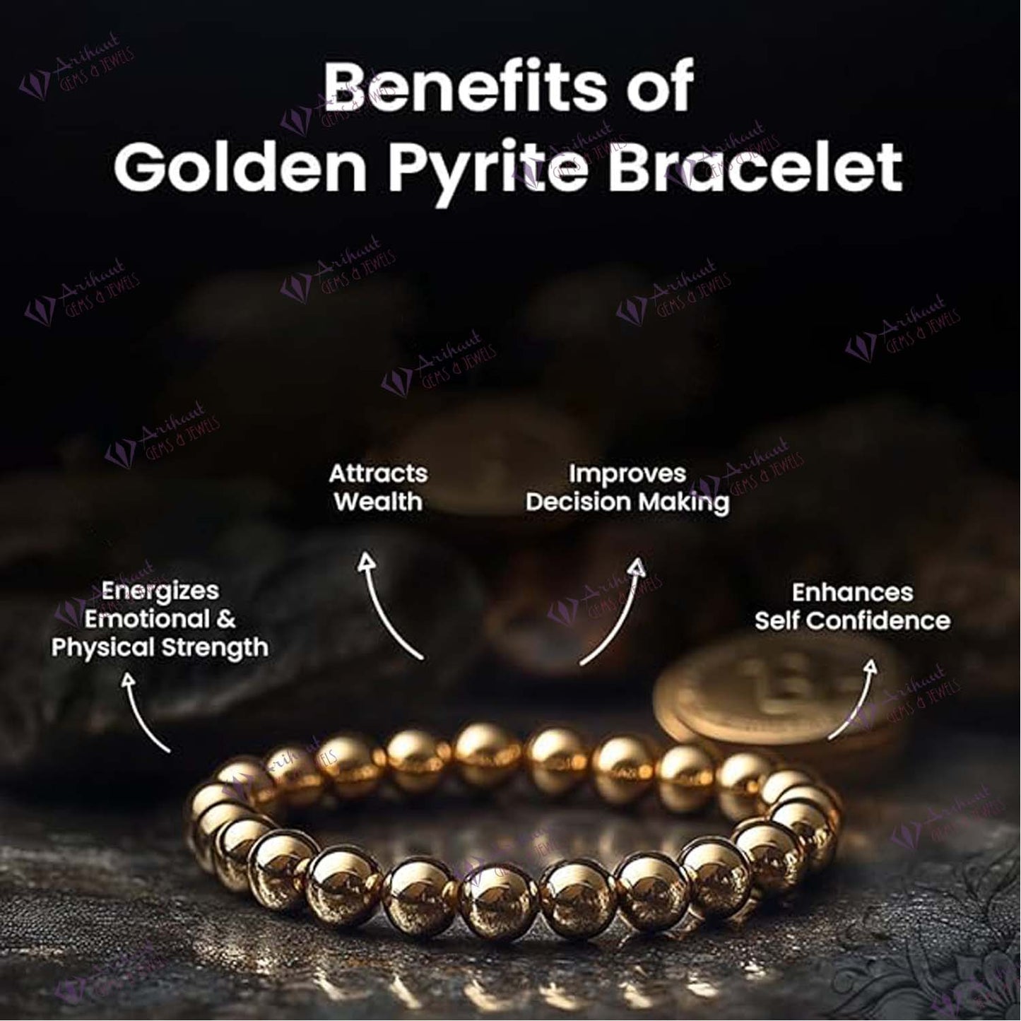 The Arihant Gems & Jewels Golden Pyrite Bracelet features natural 8mm gemstone beads and acts as a wealth and fame magnet, energizing strength, boosting confidence, supporting business growth, and offering Reiki healing and chakra balancing.