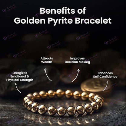 The Arihant Gems & Jewels Golden Pyrite Bracelet features natural 8mm gemstone beads and acts as a wealth and fame magnet, energizing strength, boosting confidence, supporting business growth, and offering Reiki healing and chakra balancing.