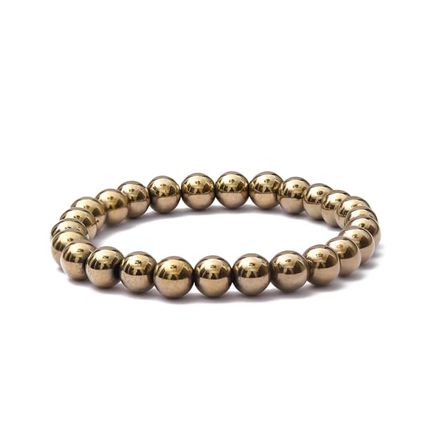 A bracelet made of natural 8mm Golden Pyrite beads, displayed against a white background.