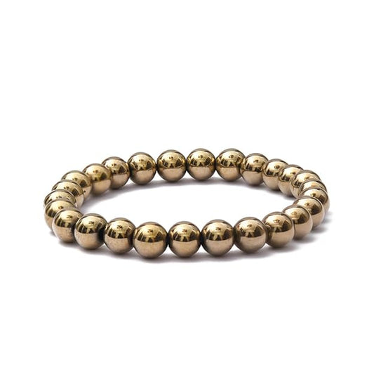 A bracelet made of natural 8mm Golden Pyrite beads, displayed against a white background.