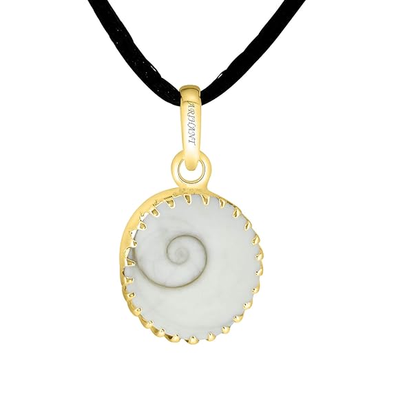 A Gomti Chakra Panchdhatu Adjustable Ring with a natural white gemstone in a gold-colored setting, attached to a black cord.