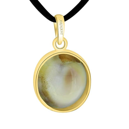 A Gomti Chakra Panchdhatu Adjustable Ring with a natural white gemstone in a gold-colored setting, attached to a black cord.