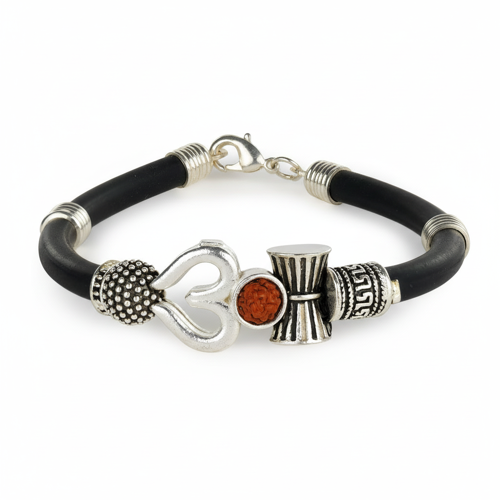 Bahubali Trishul Damroo Rudraksha Beads Silver Finish Oxidized Kada Cuff Bracelet for Men & Women | Adjustable Closure | Natural, Certified & Positive Energy Enhancement.