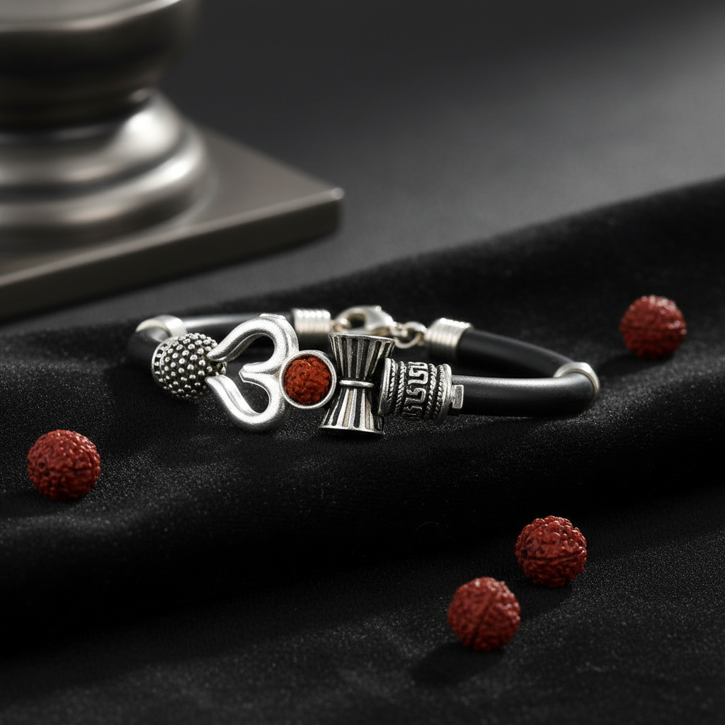 Bahubali Trishul Damroo Rudraksha Beads Silver Finish Oxidized Kada Cuff Bracelet for Men & Women | Adjustable Closure | Natural, Certified & Positive Energy Enhancement.