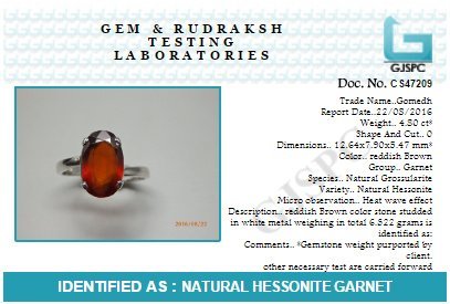 Silver Gomed Ring 4.25 Ratti to 12.25 Ratti Natural and Certified Hessonite Garnet (Gomed) Astrological Gemstone Adjustable Unisex Ring by Arihant Gems and Jewels