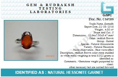 Silver Gomed Ring 4.25 Ratti to 12.25 Ratti Natural and Certified Hessonite Garnet (Gomed) Astrological Gemstone Adjustable Unisex Ring by Arihant Gems and Jewels
