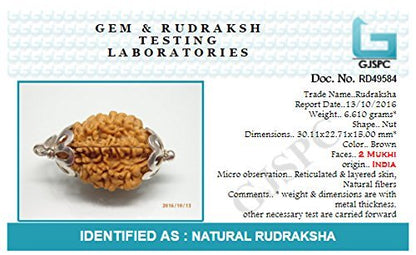 Rudraksha 2 Mukhi Indian RUDRAKSHA Silver Pendant Two Faced RUDRAKSHA and Certified by Arihant Gems and Jewels