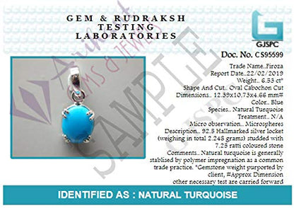 Arihant Gems and Jewels Natural Certified Turquoise (Firoza) Silver Pendant 3.25 Ratti to 12.25 Ratti for Men & Women
