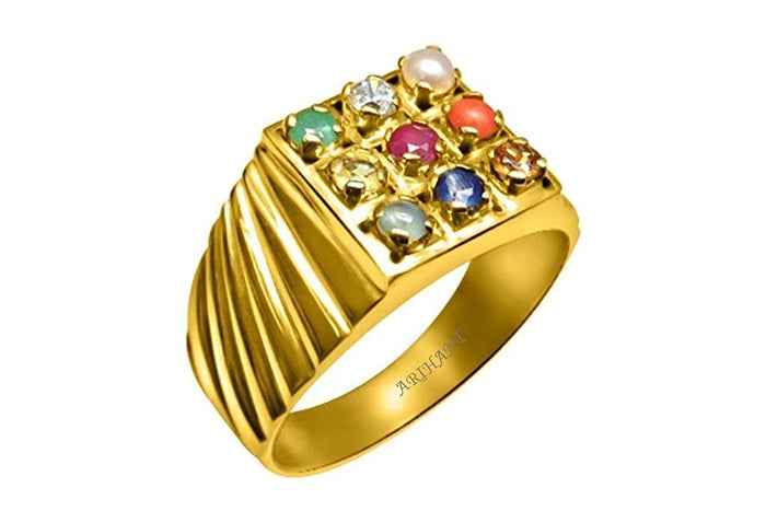 Natural Navaratna (9 Stones) Panchdhatu Gold Plated Ring 100% Original & Certified by Arihant Gems & Jewels