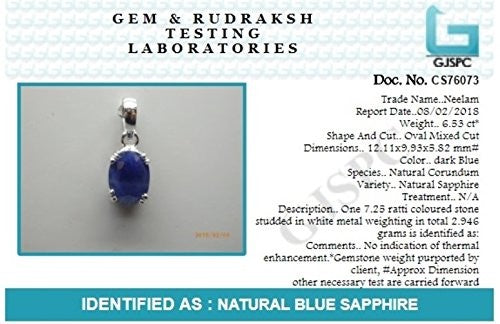 Blue Sapphire (Neelam) 3.25 - 12.25 Ratti Natural & Certified Astrological Gemstone Silver (925) Prong Setting Pendant