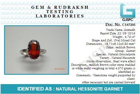 Silver Gomed Ring 4.25 Ratti to 12.25 Ratti Natural and Certified Hessonite Garnet (Gomed) Astrological Gemstone Adjustable Unisex Ring by Arihant Gems and Jewels
