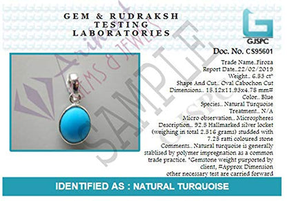 Arihant Gems and Jewels Natural Certified Turquoise (Firoza) Silver Pendant 3.25 Ratti to 12.25 Ratti for Men & Women