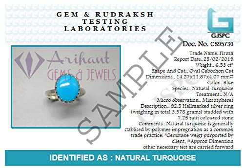 Arihant Gems and Jewels Natural Certified Turquoise (Firoza) Silver Ring 3.25 Ratti to 12.25 Ratti for Men & Women