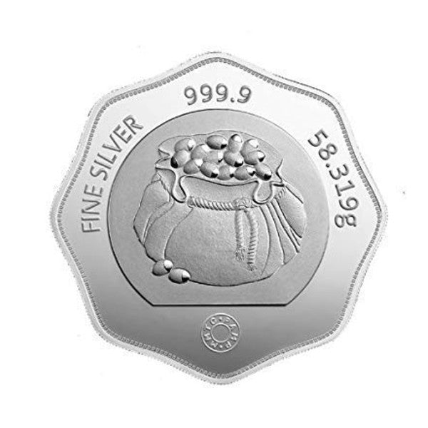 MMTC-PAMP India Pvt. Ltd. 999 Silver Purity Tola Symbol 58.319 gm coin.