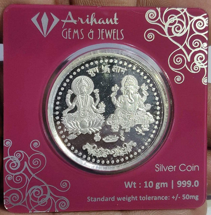 ARIHANT GEMS & JEWELS Laxmi and Ganesh Ji 10 gm Silver Coin