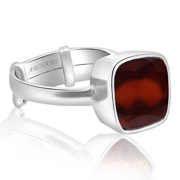 Hessonite Garnet (Gomed) 3.25 - 12.25 Ratti Natural & Certified Astrological Gemstone Adjustable Silver(925) Cushion Bezel Setting Ring