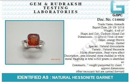 Hessonite Garnet (Gomed) 3.25 - 12.25 Ratti Natural & Certified Astrological Gemstone Adjustable Silver(925) Cushion Bezel Setting Ring