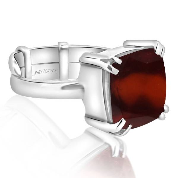 Hessonite Garnet (Gomed) 3.25 - 12.25 Ratti Natural & Certified Astrological Gemstone Adjustable Silver(925) Cushion Prong Setting Ring