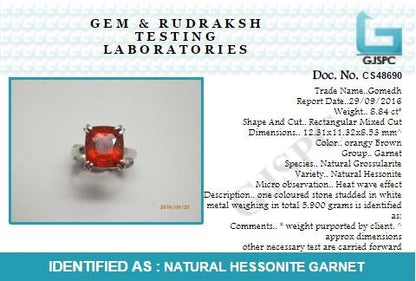 Hessonite Garnet (Gomed) 3.25 - 12.25 Ratti Natural & Certified Astrological Gemstone Adjustable Silver(925) Cushion Prong Setting Ring