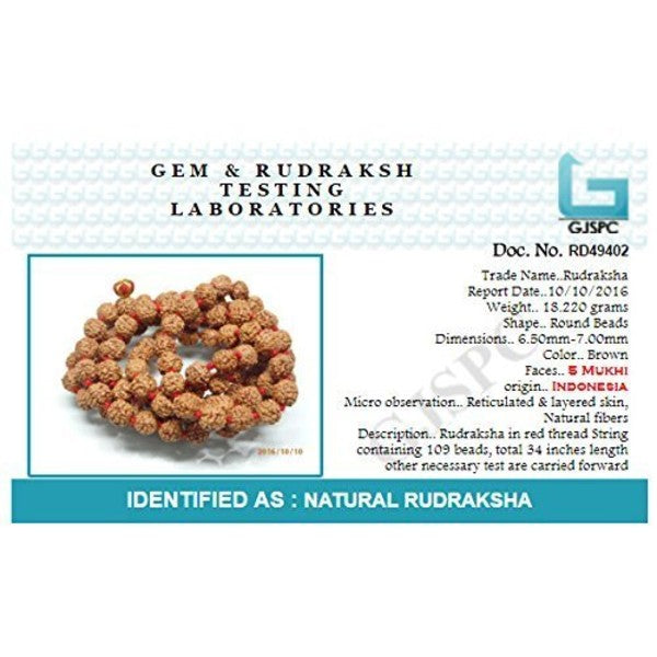 Rudraksha 5 Mukhi RUDRAKSHA JAAP MALA FOR POOJA (ASTROLOGY) (108+1 Beads) 100% Original and certified