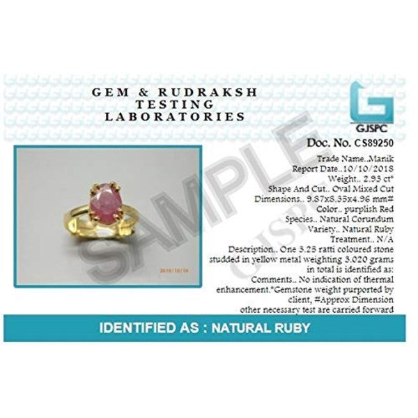 Ruby (Manik) 3.25 - 12.25 Ratti Natural & Certified Astrological Gemstone Panchdhatu Prong Setting Ring