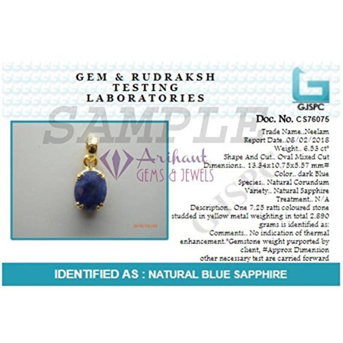 Blue Sapphire (Neelam) 3.25 - 12.25 Ratti Natural & Certified Astrological Gemstone Panchdhatu Prong Setting Pendant