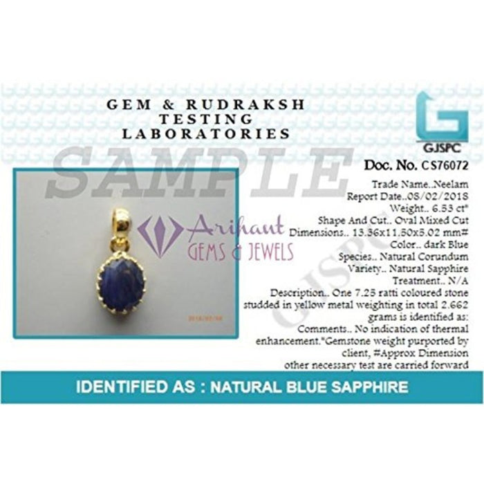 Blue Sapphire (Neelam) 3.25 - 12.25 Ratti Natural & Certified Astrological Gemstone Panchdhatu Crown Setting Pendant
