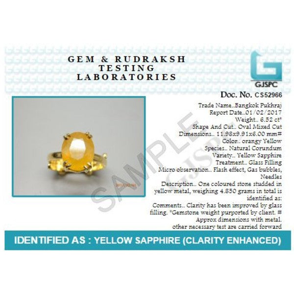 Bangkok Yellow Sapphire (Pukhraj) 4.25 - 12.25 Ratti Certified Astrological Gemstone Ashtdhatu Prong Setting Ring