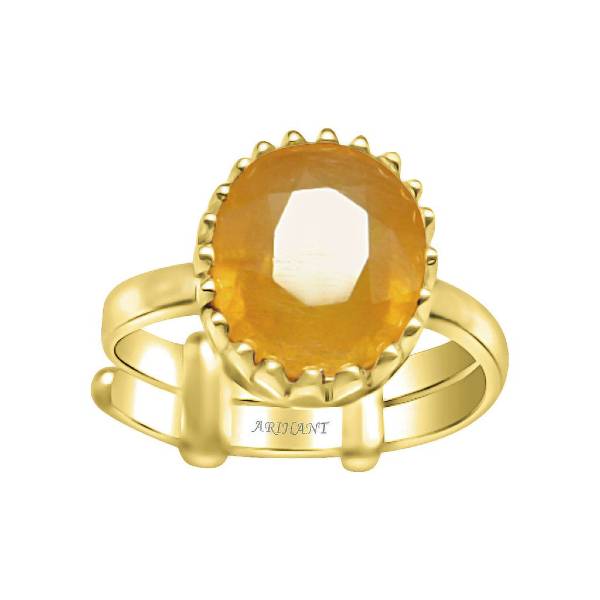 Bangkok Yellow Sapphire (Pukhraj) 4.25 - 12.25 Ratti Certified Astrological Gemstone Panchdhatu Crown Setting Ring